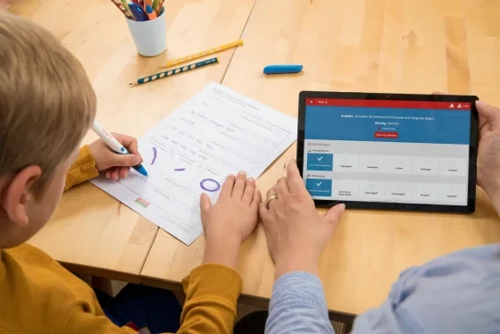 Kinderh&auml;nde mit Tablet und Blatt Papier