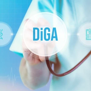 Hand mit Stetoskop und Begriff ,,Diga"