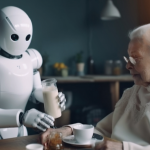 &Auml;ltere Frau und Roboter, der Milch an den Fr&uuml;hst&uuml;ckstisch bringt