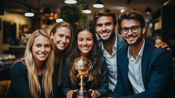 5 Menschen mit Pokal